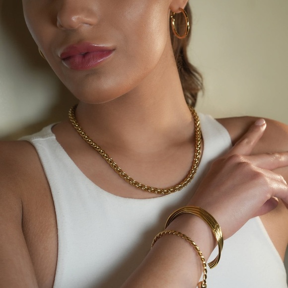 18K Gold Plated Cable Linked Necklace*Interlocking Wheat Chain*Unisex*YB - Picture 4 of 7